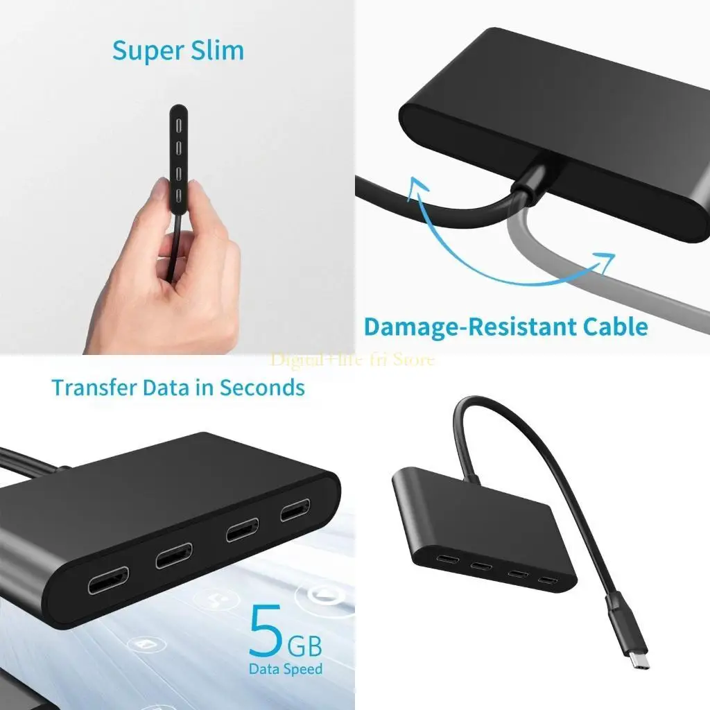 

E06D USB C Hub 4 Ports Type C Splitter Adapter for Laptop, Desktop, Mobile Devices Data Transfer Only Aluminum Construction