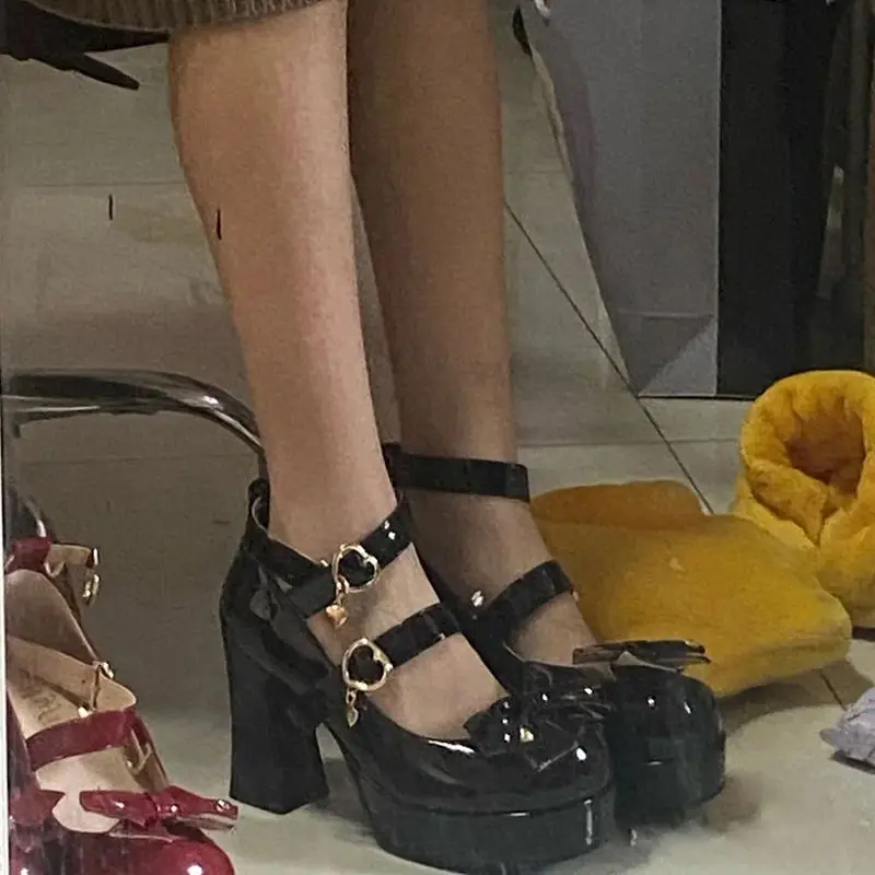 Women Pumps Mary Jane Lolita Shoes Gothic Chunky High Heel Platform Shoes Female Tied Cosplay Harajuku Black Shoes Bows Heart