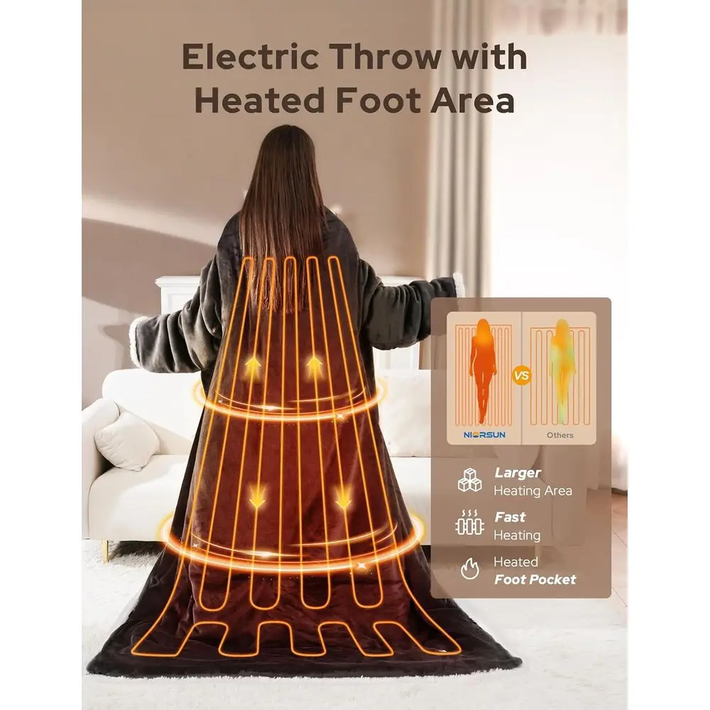 بطانية رمي كهربائية مكونة من 9 مستويات مع جيب للقدم، 10 مؤقتات، فلانيل ناعم وشيربا، 50 × 70 رمادي، هدية مريحة #6