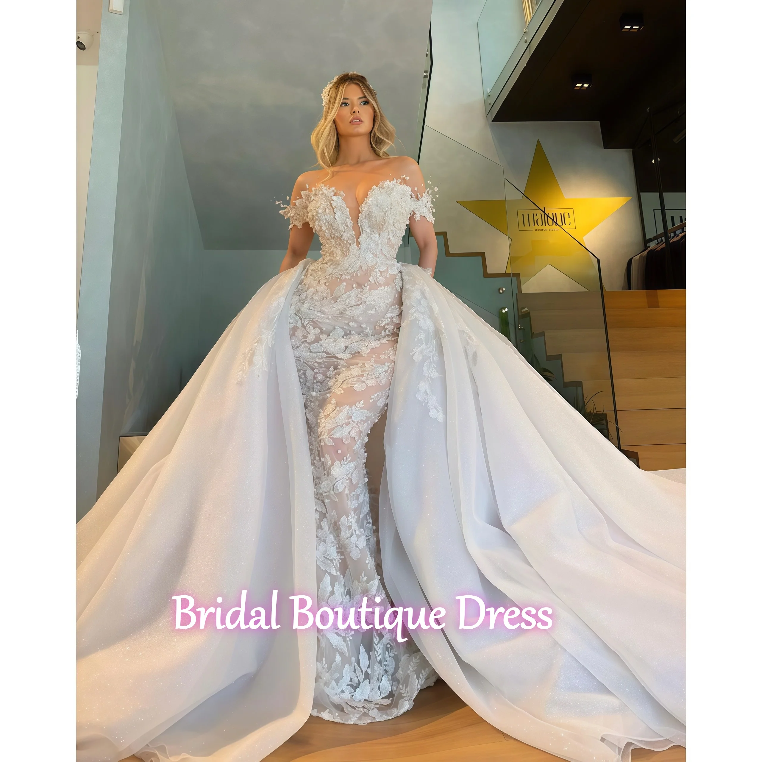 

Customized Luxury Mermaid Wedding Dress Sleeveless Gowns Sequins Appliques Beads Off Shoulder Detachable Train Bridal Gowns