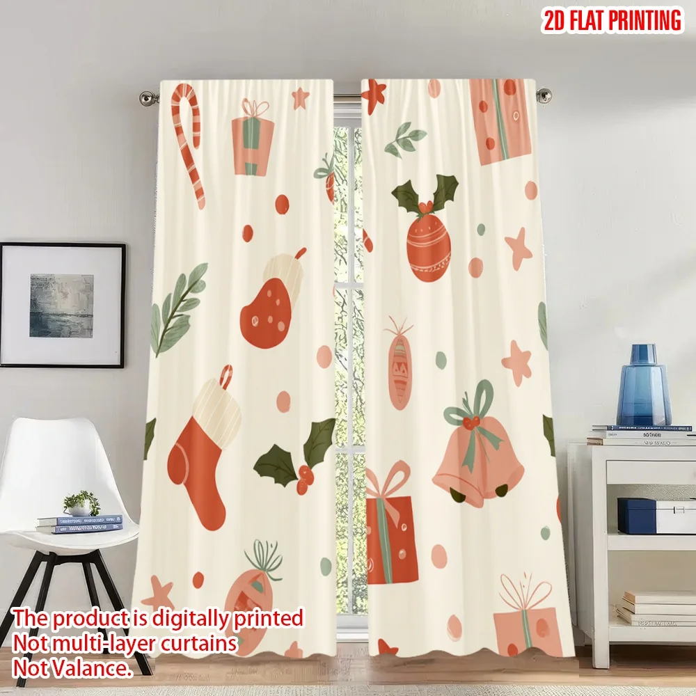 

2pcs 2D flat printing Merry Christmas Curtains Christmas Ornament Gifts Holly Digital Printed Polyester Drapes Festive Curtains