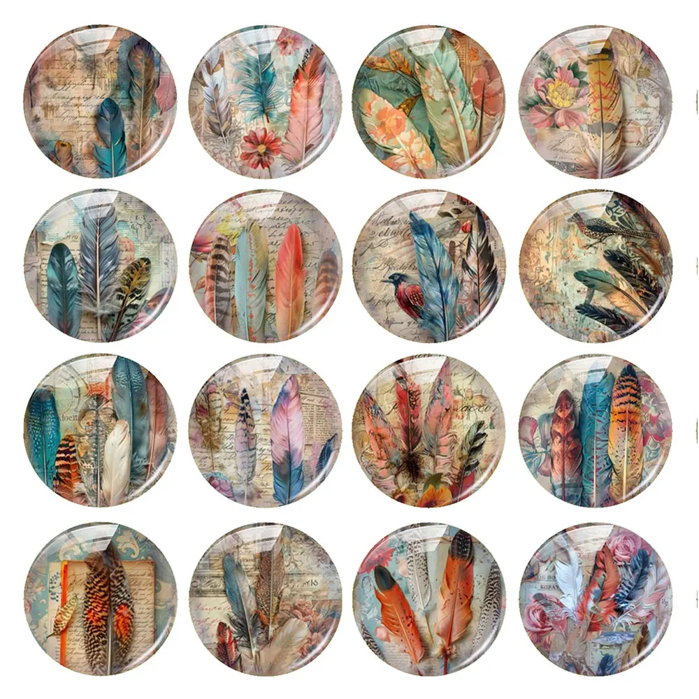 Random Mixed Round/Oval/SquareVintage Feather Bird Collage Photo Glass Cabochon Flatback Demo Cameo For Diy Jewelry Making