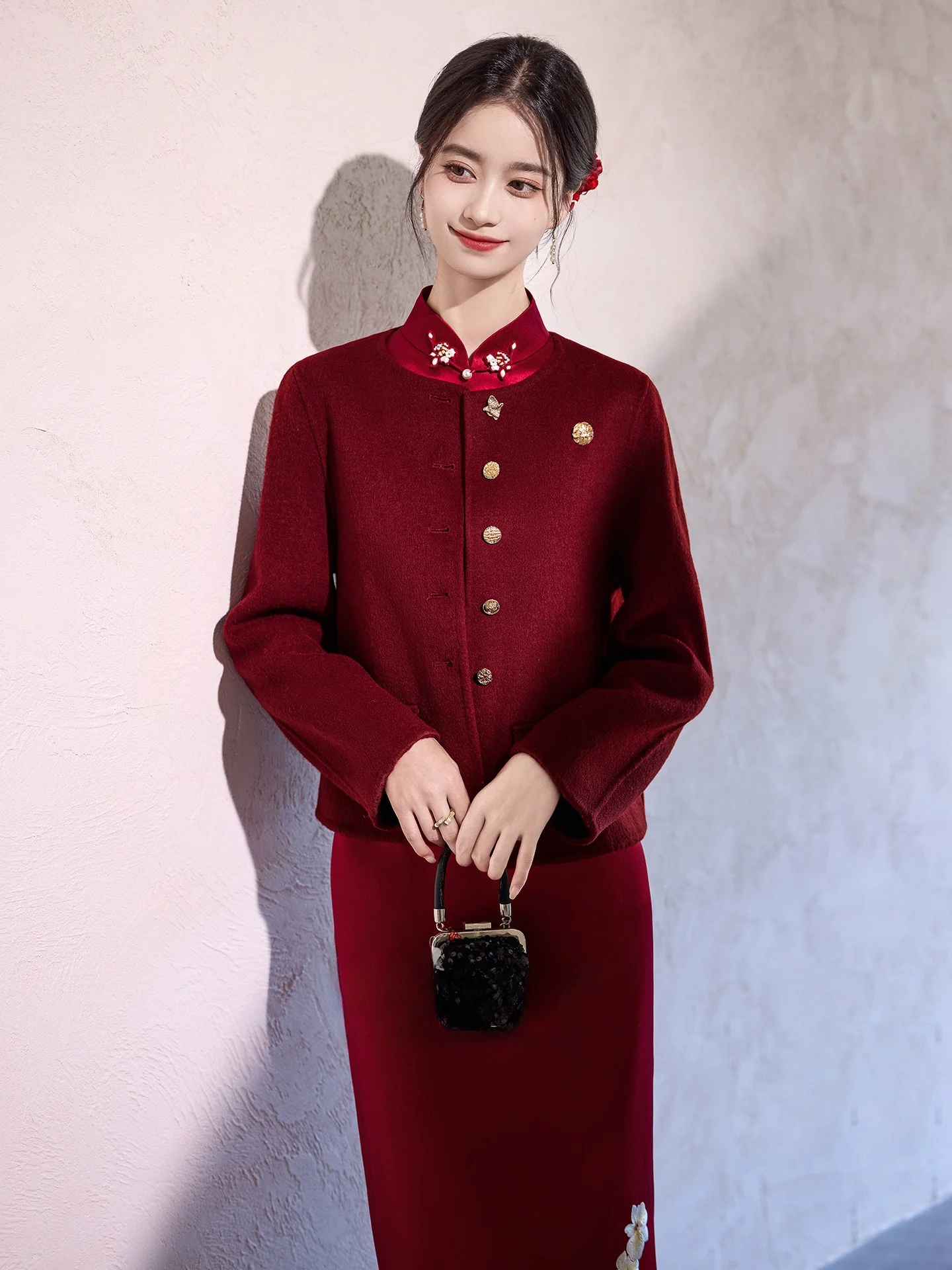 

Красное двустороннее шерстяное пальто для женщин, винтажное, прямого кроя, для свадьбы, торжеств и особых случаев