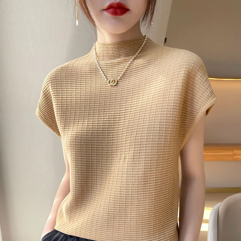 short-sleeved women\'s half high round neck pullover vest 2022 summer new loose fashion knitted bottoming T-shirt