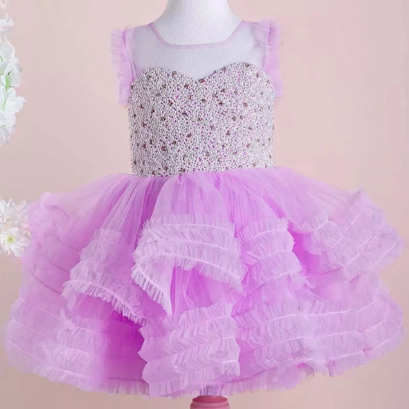 White Flower Girl Dresses Tulle Tiered Pearls With Bow Sleeveless For Wedding Birthday Party Banquet Princess Gowns