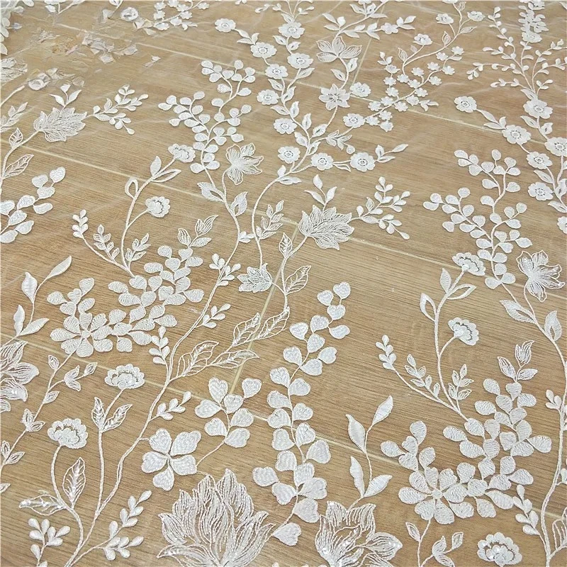 

High Quality Ivory White Sequined Embroidered Lace Fabric, Handmade Wedding Dress DIY Background Decoration Accessories