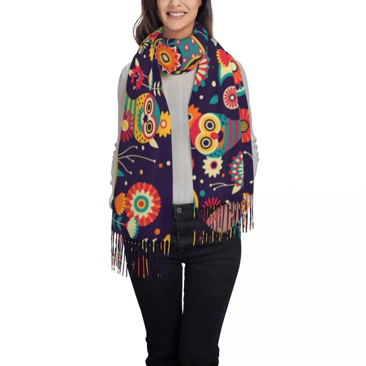 Lady Scarf Warm Vibrant Owl Head Scarves with Tassel Retro Floral Print Luxury 2024 Shawls Wrpas Winter Graphic Bufanda Mujer image 2