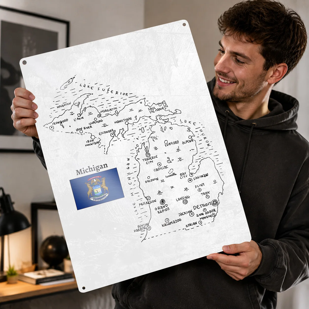 Hand Drawn Map of Michigan 3D Texture Printed Poster Custom Vintage Metal Tin Plate Sign for Wall Art Bathroom Decor Room House