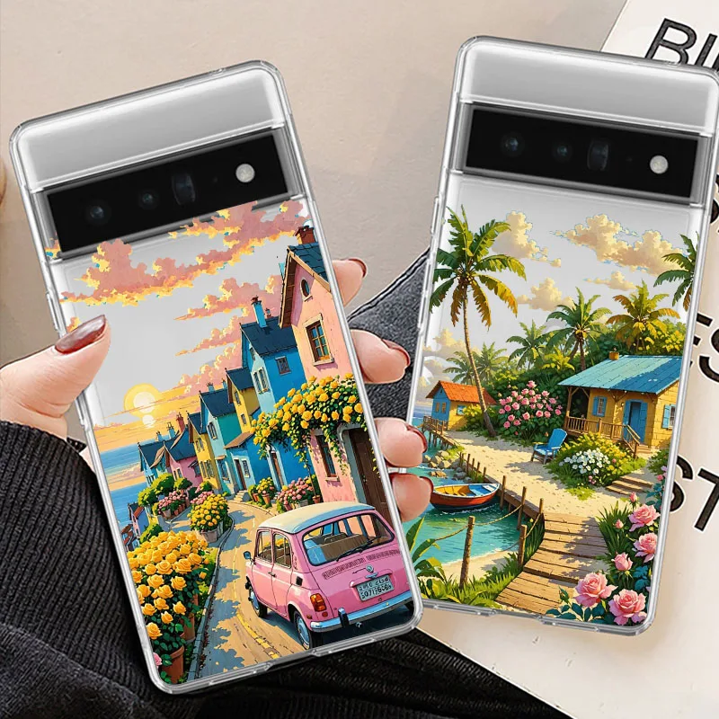 Anime House Landscape Phone Case For Google Pixel 8 Pro 9 Pro XL 8A 8 7 6A 5G Holiday Street Scenery Clear Soft TPU Cover Fundas