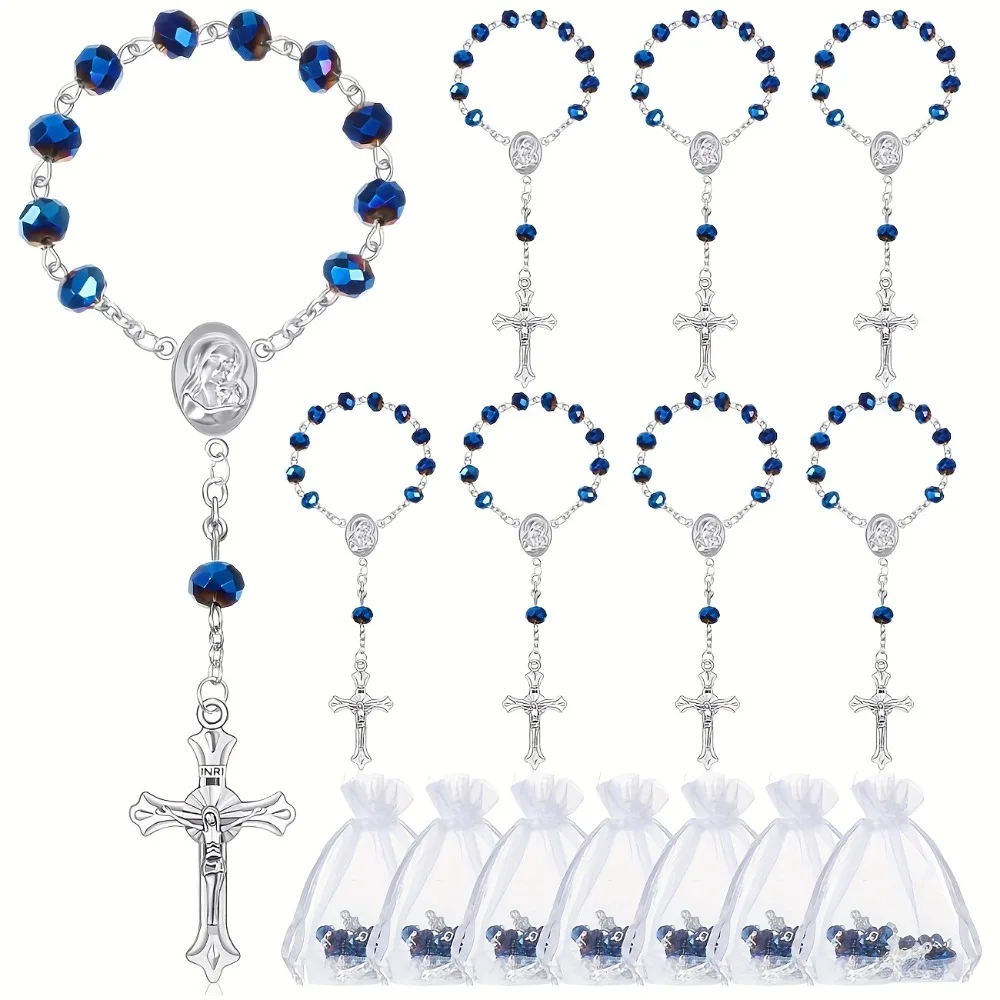2/5/10 Sets de Mini Rosarios Católicos Azules con Tarjetas y Bolsas de Organza, Recuerdos de Boda para Invitados, para Bautizo y Primera Comunión