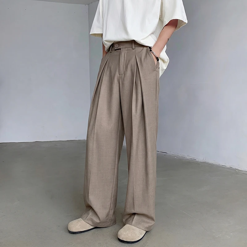 WTHT Trendy 2026 Autumn Men's Solid Color Do Old Pleated Design Blazer Pants Fashion High-waisted Straight Trousers Male 2A3133
