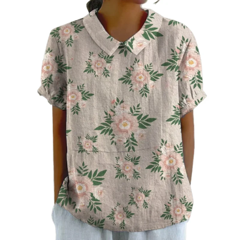 

Summer 2024 Women's New Top Fashionable Chinese Style Bamboo Hemp Printed Casual Comfortable Collar Short Sleeved Shirt