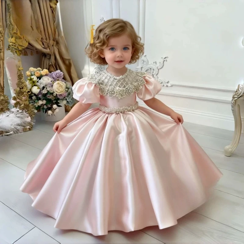 Children Pink Puff Sleeve SatinBirthday Party Banquet Elegant Gown Long Full Skirt Beaded Sweep Train Girls Princess Gown