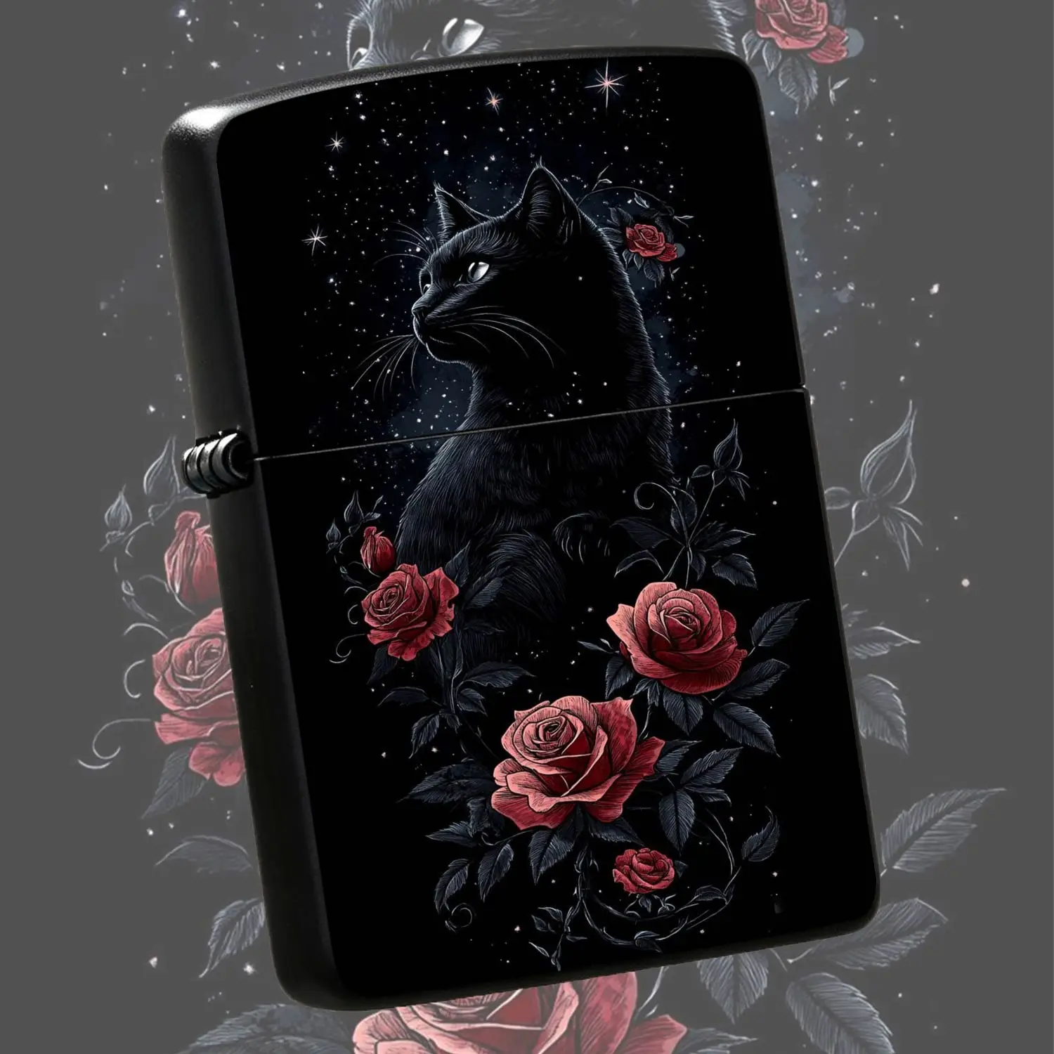 Exquisite Lighter With Night Starry Sky Black Cat And Red Rose Art Pattern, Gothic Aesthetic Decorative Style, Suitable For Daily Carrying, Home Leisure, Outdoor Trip, Party Gathering And All Scenarios, Unique Artistic Practical Item For Pe