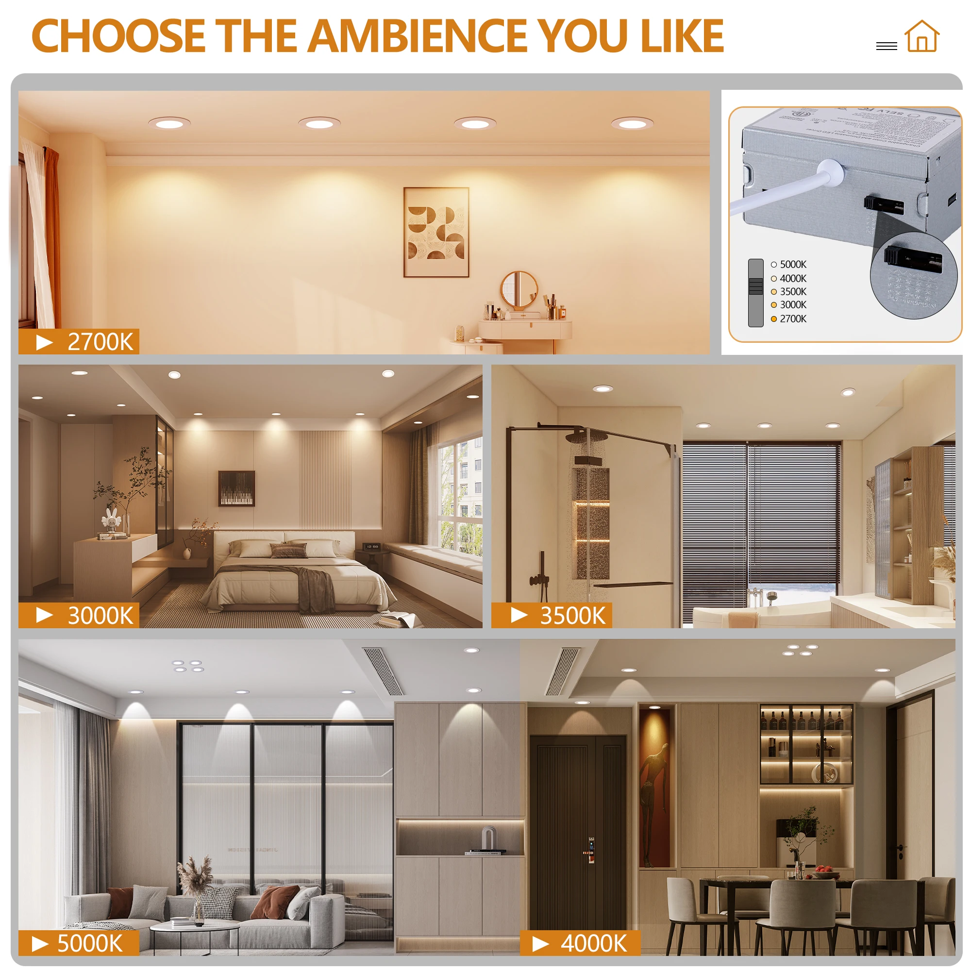 

Набор из 6 светодиодных встраиваемых потолочных панелей 4 дюйма, 5CCT, с регулировкой яркости и ночником