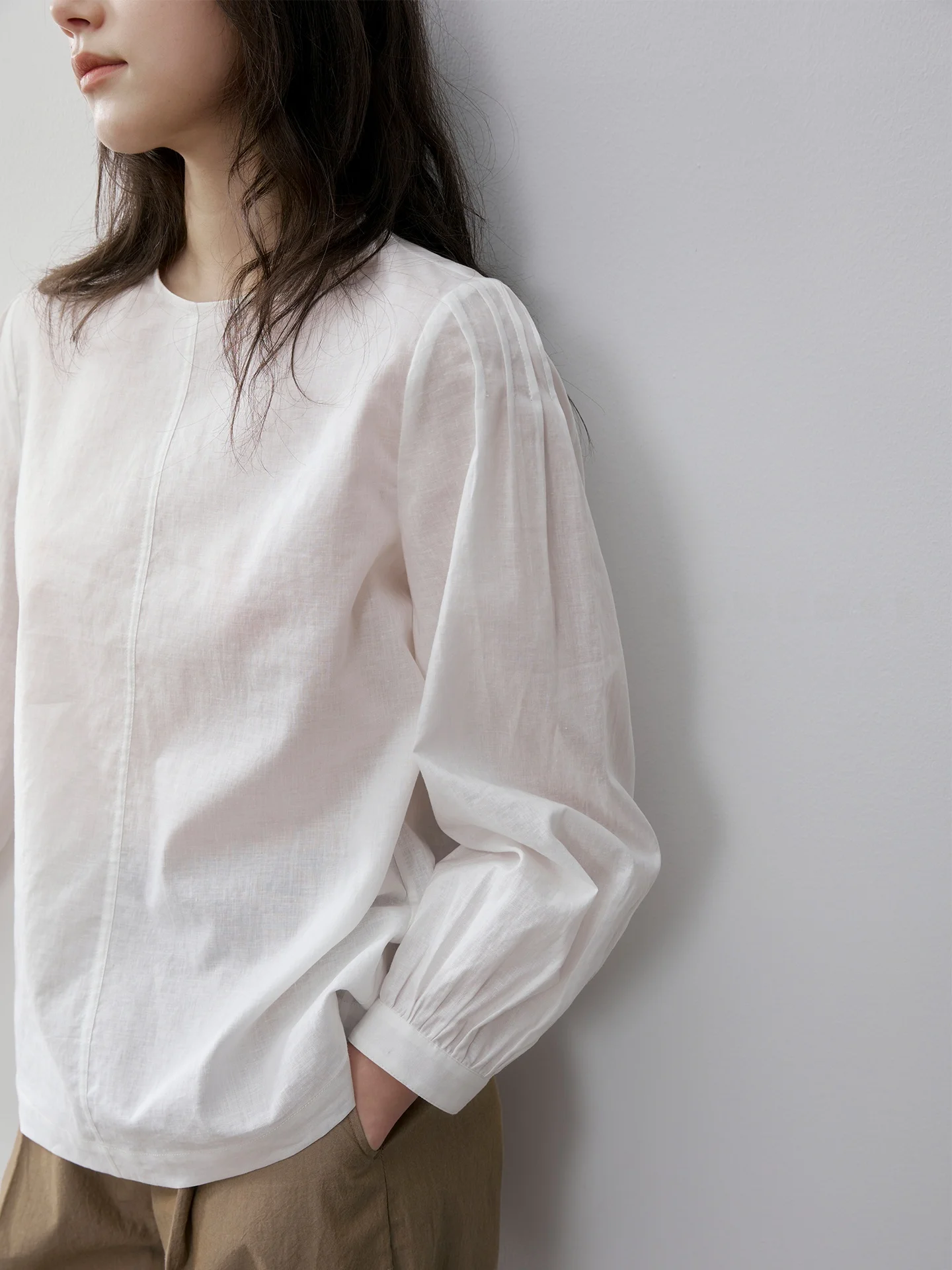 

Nomumad Quali Cotton Linen round Ne Basic Overhead irt Design Versatile White Long Sve Casual Sle Loose Fit Women