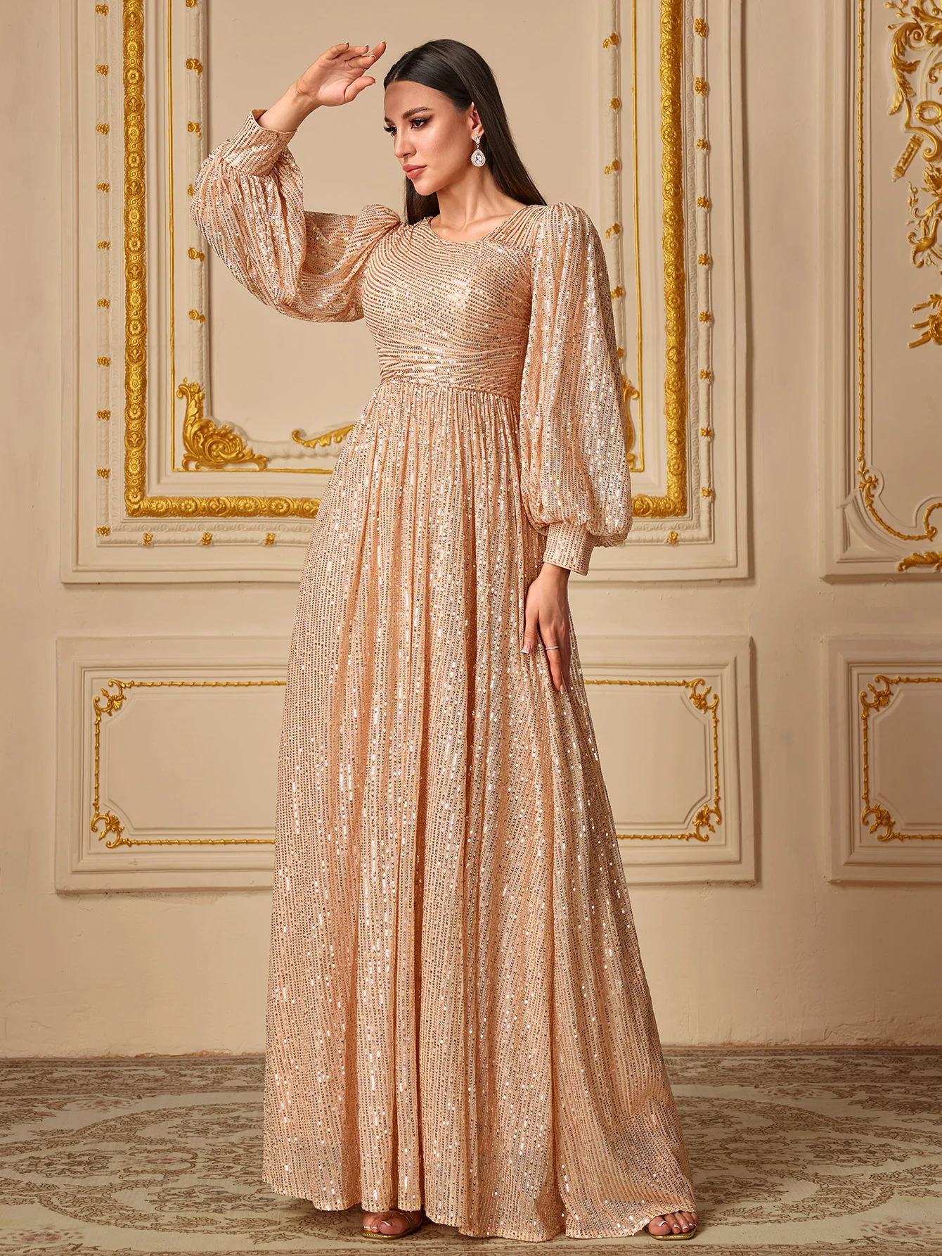 UNITHORSE Women's V-Neck Long Sleeve Sparkling Sequin Fish Tail Evening Party Dress One Piece Gown