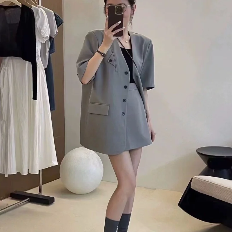 Short Sleeve Mini Suits Midi 2 Pieces Sets for Women Kawaii Commuting Office Pink Woman Outfit Formal Event Elegant Casual Korea