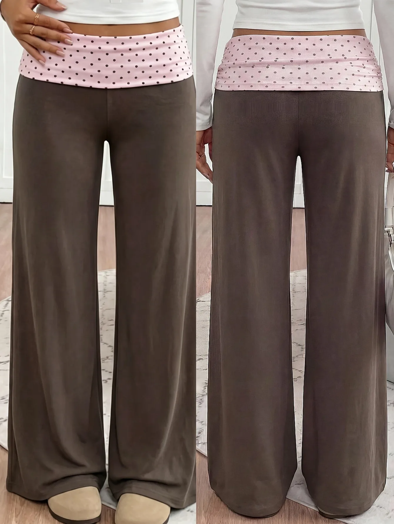 Girls 1-Piece Flare Pants, Pink Polka Dot Fold Over Waistband Soft Modal High Waist Wide Leg Casual Trousers