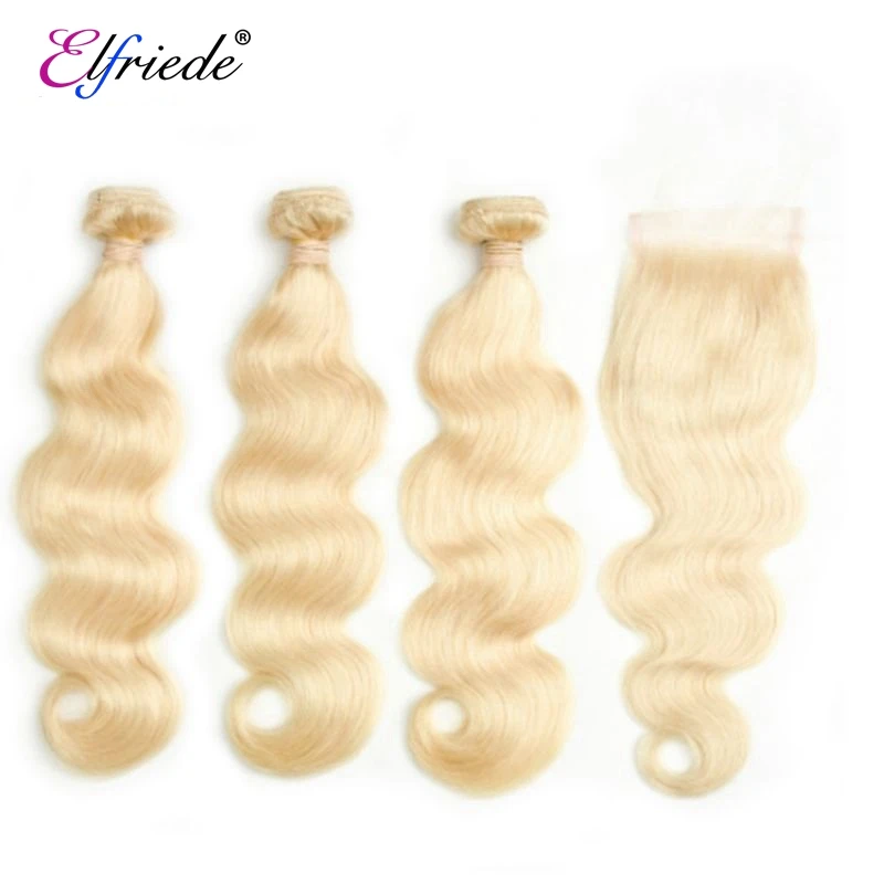 Elfriede #613 Blonde Body Wave Bundles with Closure Brazilian Remy Human Hair Weave 3 Bundles with 4X4 Transparent Lace Closure