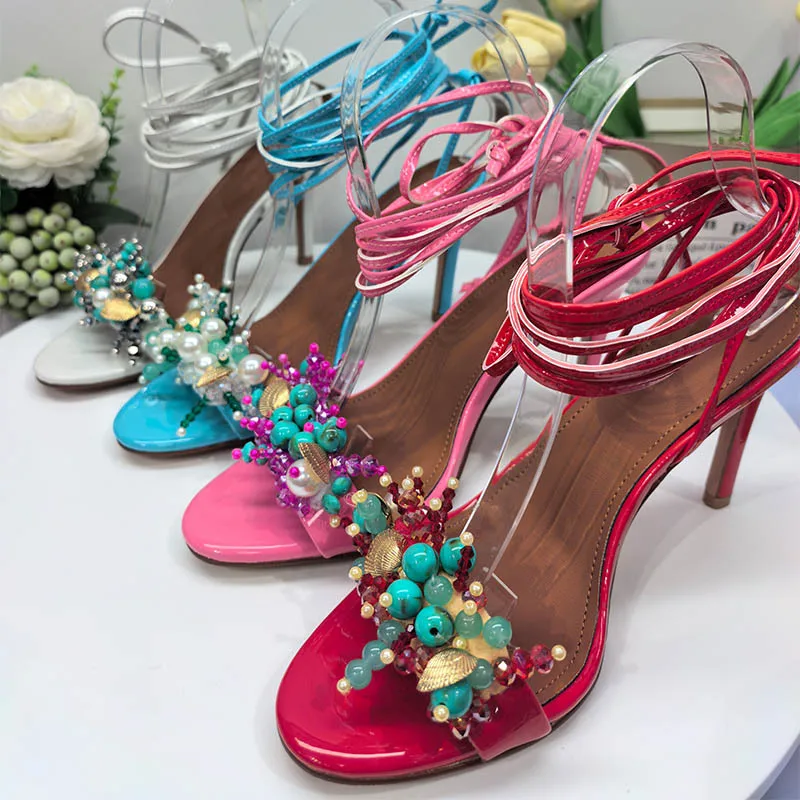 Starfish Shell Beaded Ankle Wrap Sandals Women Stiletto High Heel Summer Party Shoes
