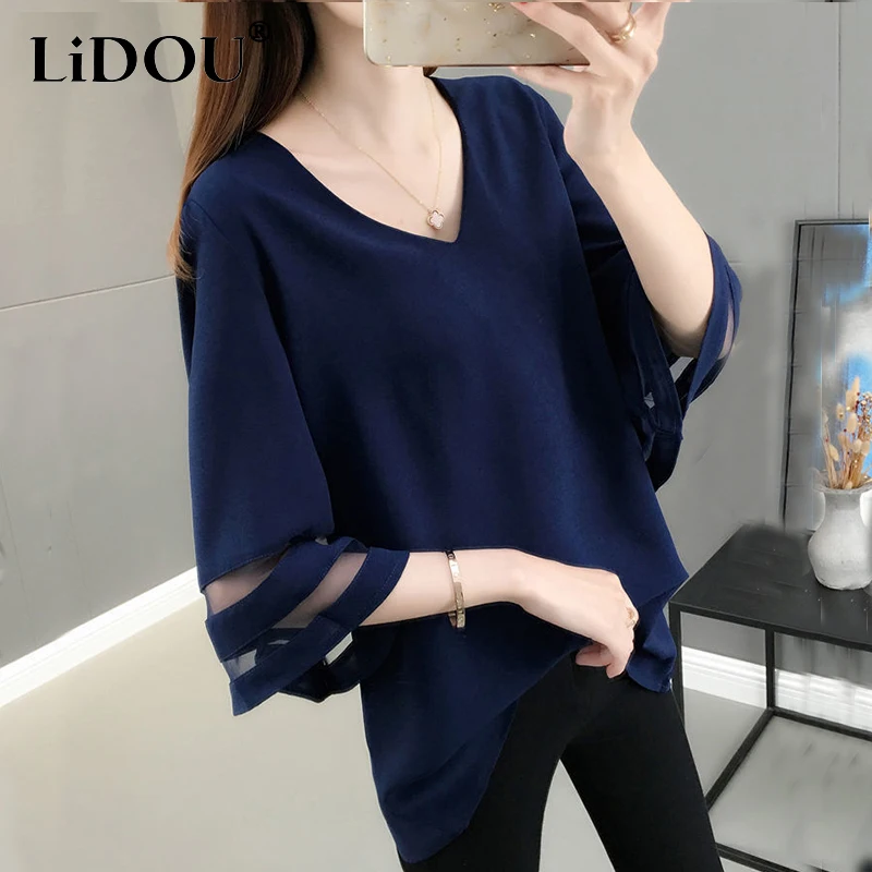 2024 Summer Solid V-neck Mesh Patchwork Loose Casual Shirt Top Women Half Sleeve Oversized Fashion Blusa Simple Pullover Blouse