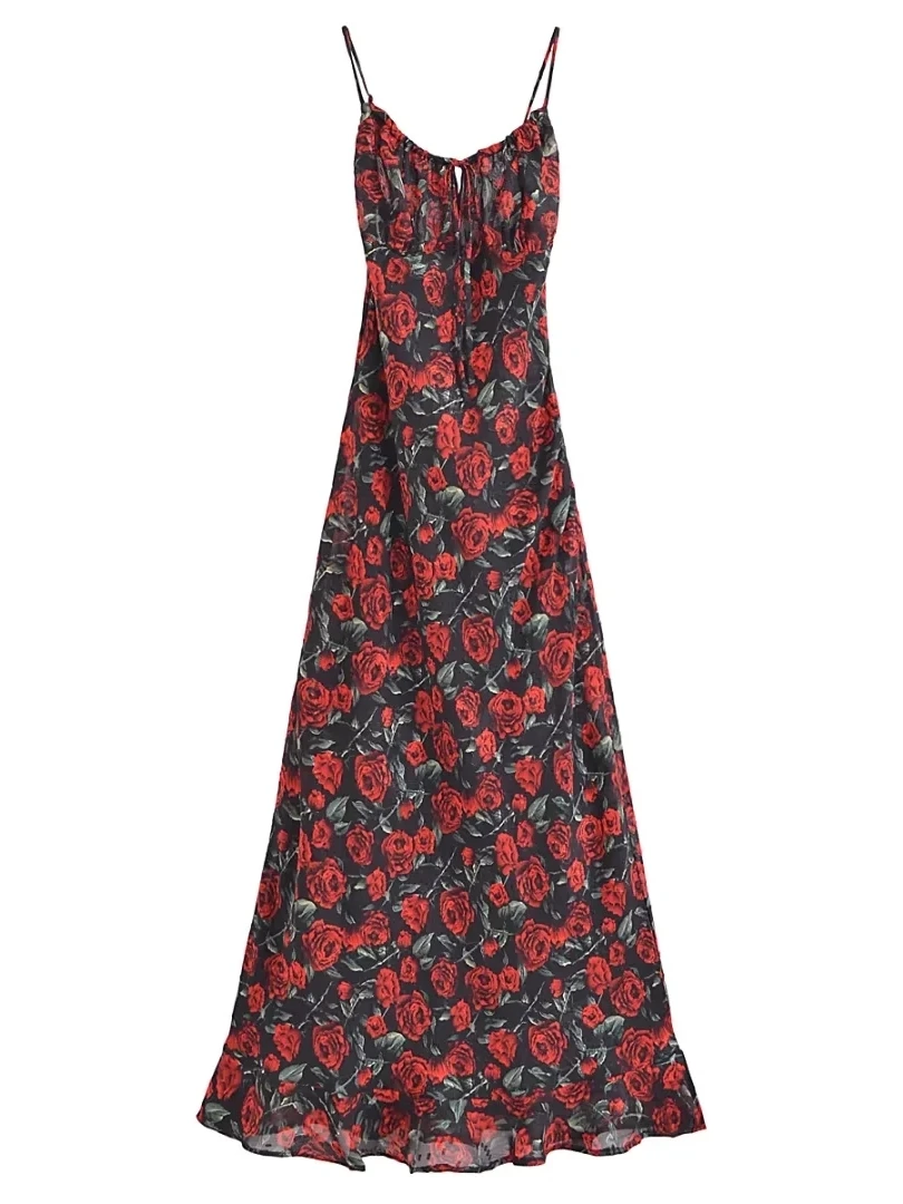 夏の新スタイルの女性のローズ花柄ストラップドレスビーチ休暇ロングスカート巾着ベルトカジュアルエレガントなガウン