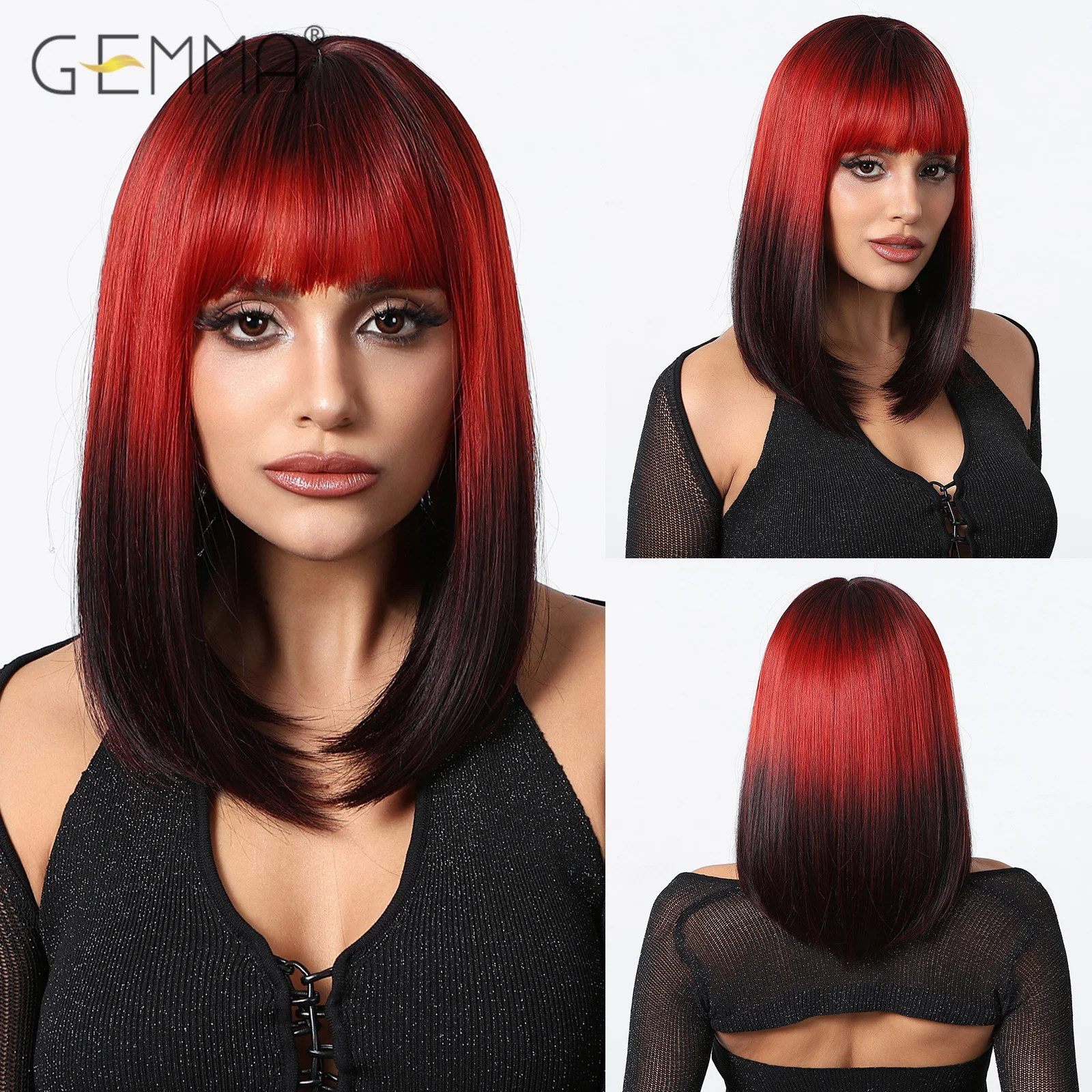 

Синтетические красные, черные парики для косплея с эффектом омбре, короткий прямой парик боб с челкой для женщин, вечерние натуральные волосы на Хэллоуин, термостойкие