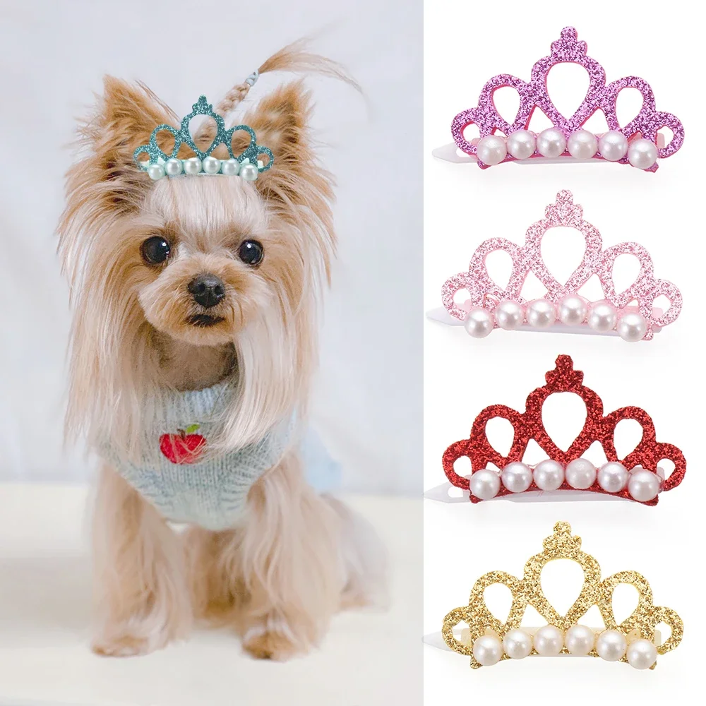 1PC Small Dog Bowknot Faux Pearl Crown Shape Bows Hair Clips Bow Cute Head Decoration Handmade Cat Pet Grooming Accessories Dog