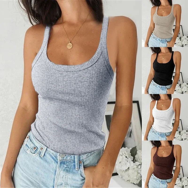 

2024 Summer Spagetti Straps Tank Top Women Sexy Basic T Shirt Sleeveless Round Neck Ribbed Knitted Vest Woman Casual Corset Tops