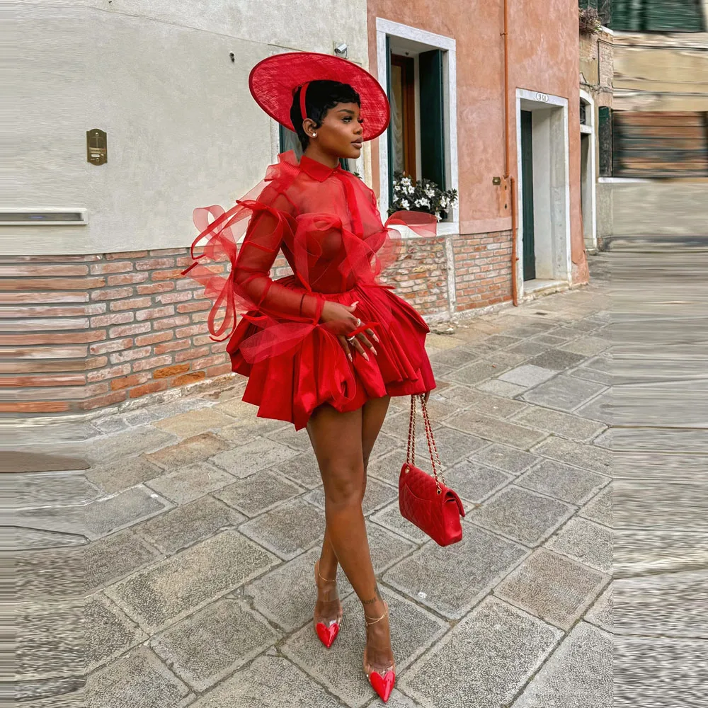 

Red Two Pieces Dresses Party Evening Wear See Through Top Satin Botton Sexy Cocktail Dress Ribbons Bows Sexy Girls Birthday Gown