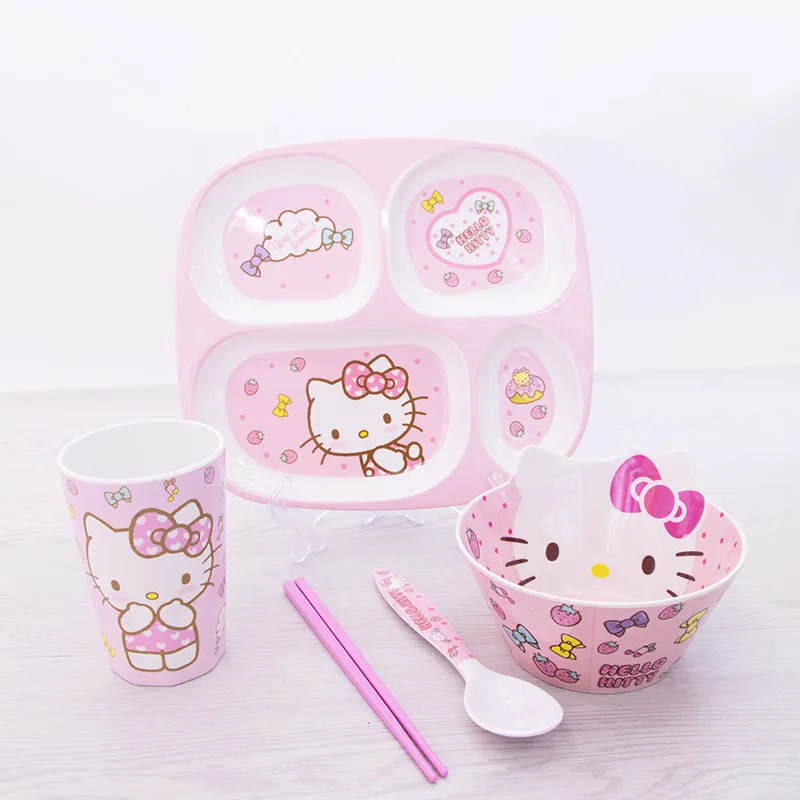 Anime Sanrioed Separate Four-Compartment Plates Bowls Spoons Chopsticks Kawaii My Melody Kt Household Children's Cutlery Set