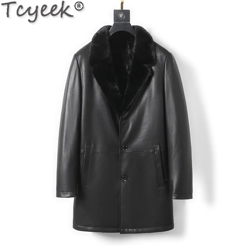 Tcyeek Sheepskin Genuine Leather Man Jackets Natural Fur Coat Men Winter Clothes Mink Fur Mens Coats Warm Mink Fur Collar 2024