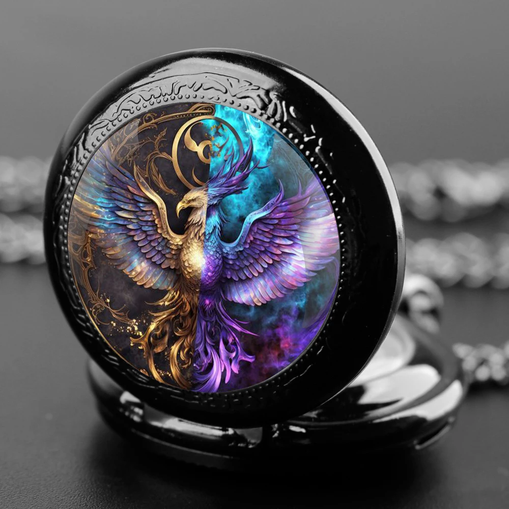 Yin-Yang Phoenix Design Glass Dome Quartz Pocket Watch With Durable Chain Arabic Numeral Dial For Men And Women Creative Gifts