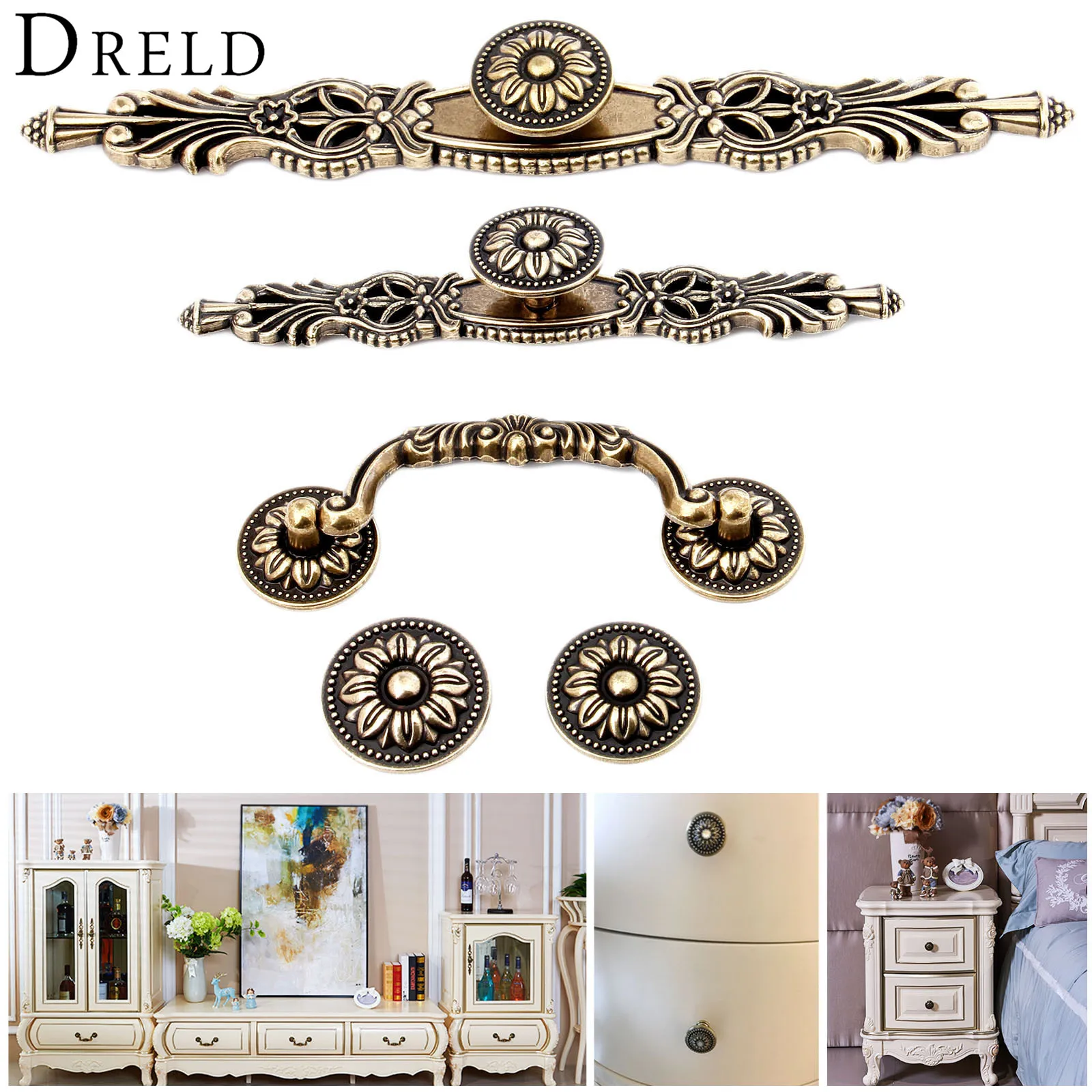 DRELD Antique Furniture Handle Vintage Cabinet Knobs and Handles Wardrobe Cupboard Drawer Kitchen Pull Knob Furniture Hareware