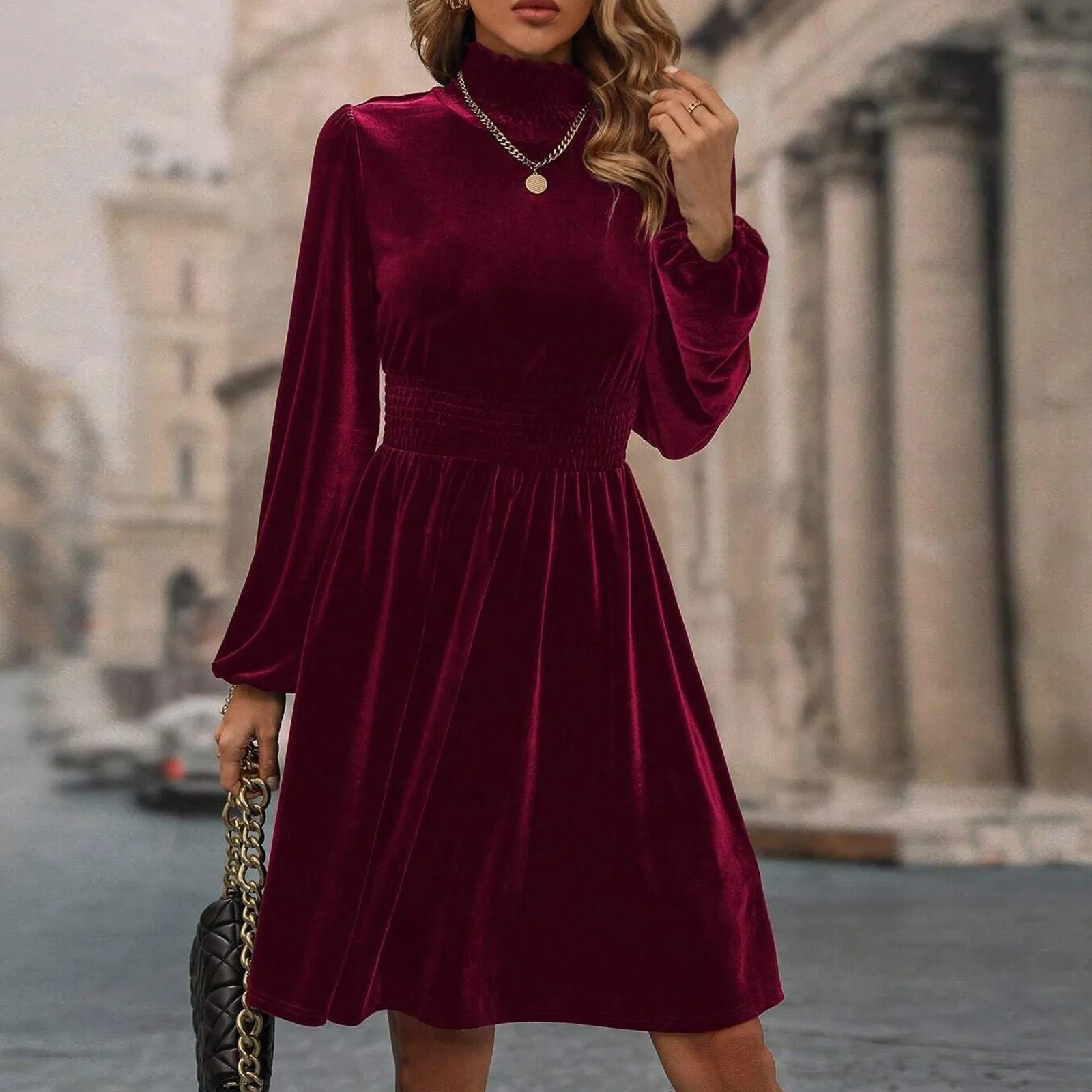 Waisted Long Sleeve Dress Women Velvet Dresses Solid Color High Collar Elegant Mini Dress Casual Style Basic Daily Outfit