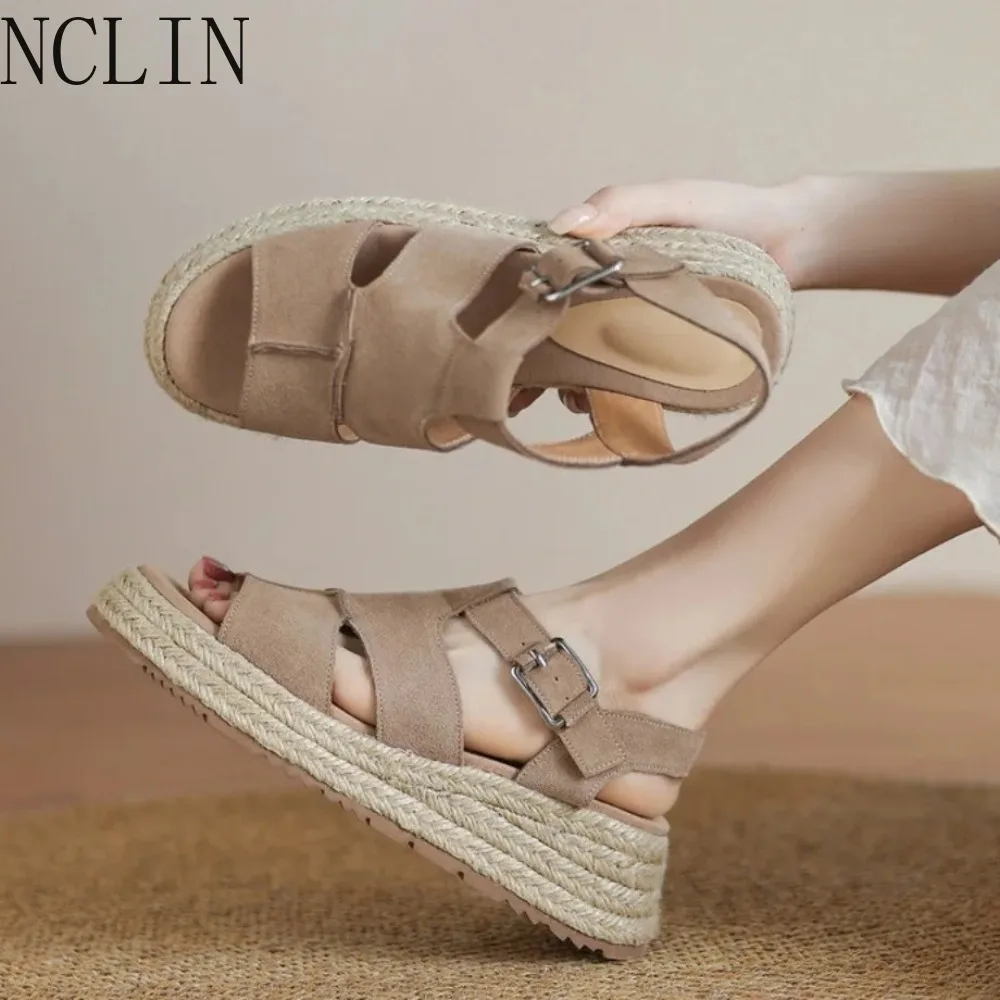 Women's Espadrille Wedge Sandals - Open Toe Suede Two-Strap Buckle Adjustable Summer Casual High Heels