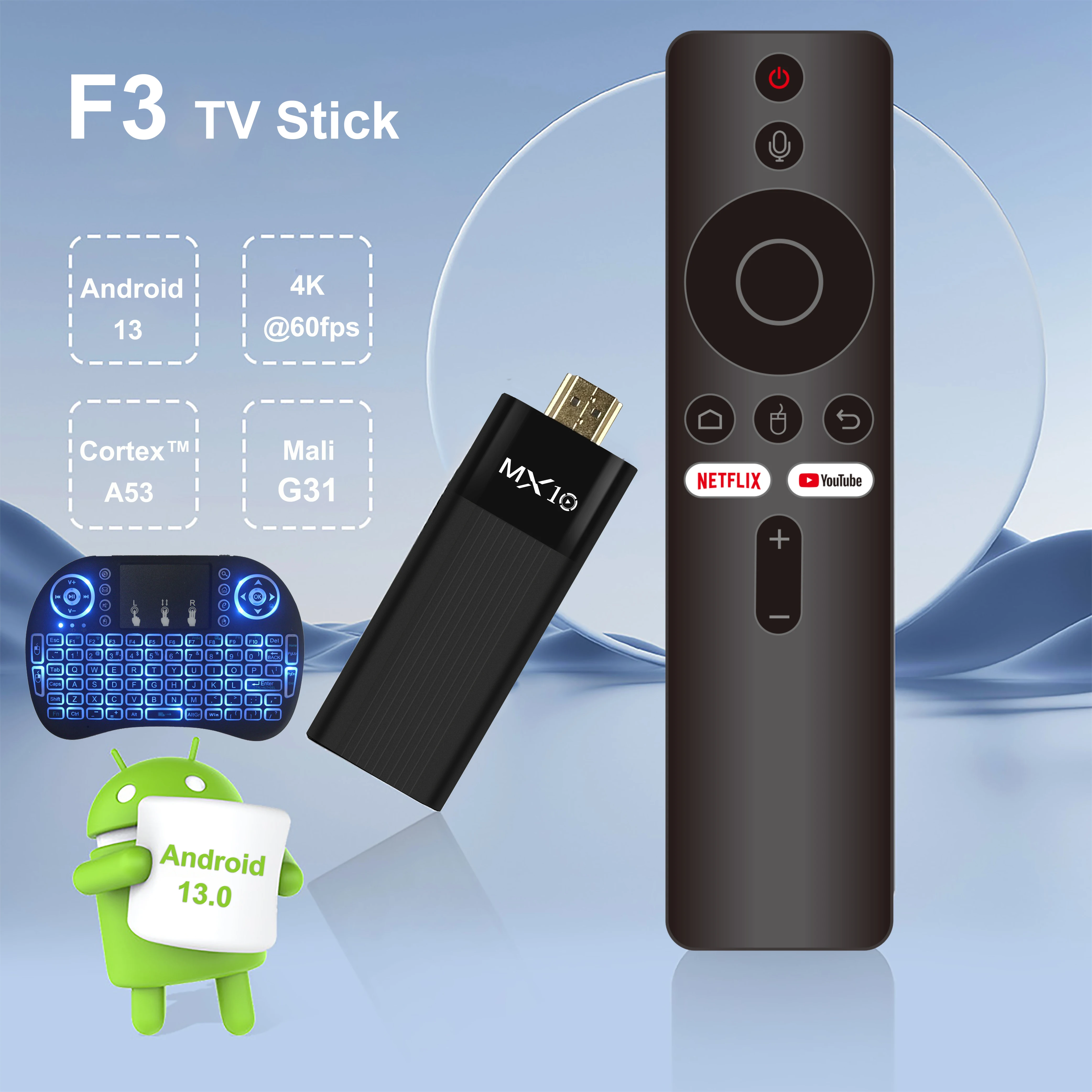 

TV Stick Android 13 MX10 F3 & Mini Wireless 2.4G Touchpad Keyboard Allwinner H313 2GB 16GB Air Mouse Remote