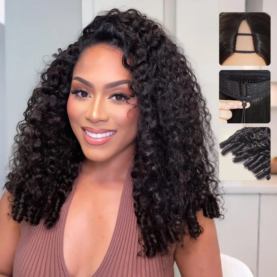 

V part Wig Burmese Curly Hair Upgrade Human Hair 30 36 Inch Head Clip In Half Wig Brazilian Glueless Curly Wigs For Women