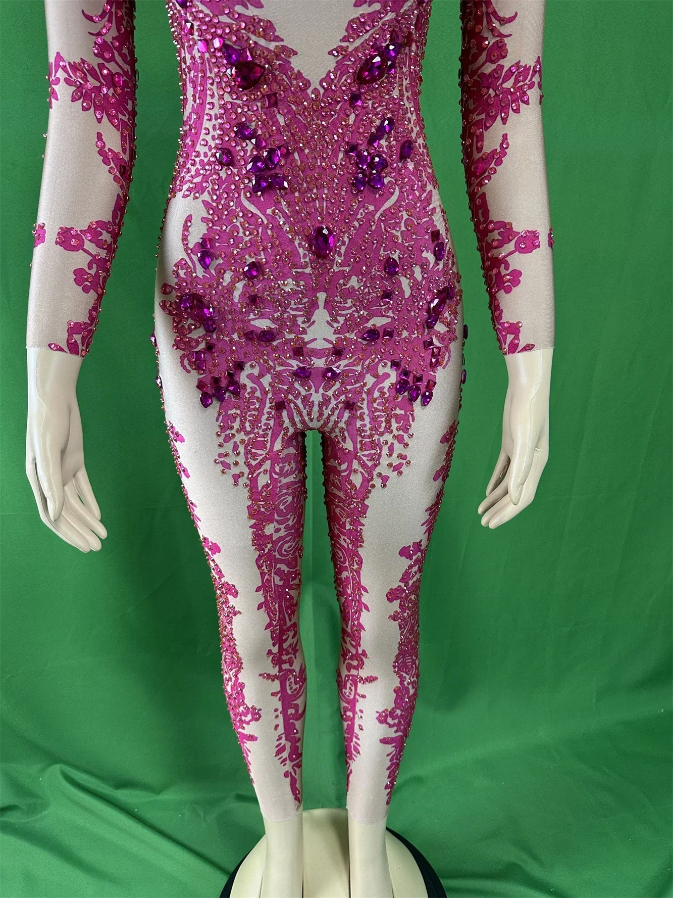 Spandex Purple Women Stunning Rhinestone Jumpsuits Nightclub Pole Dance Stage Wear Sexy Bod Suits Cheerleader Rave Outfit