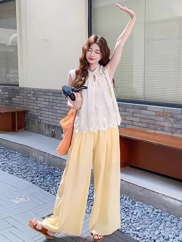 

Sweet Lace Hollow out Sleeveless Top And High Waist Casual Pants Two Piece Set for Women Summer 2025 Fashion Ensemble