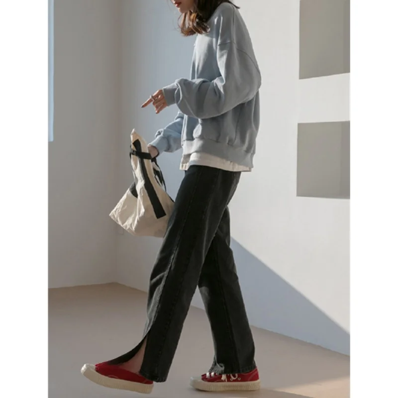 جينز عالي الخصر مستقيم الساق للنساء الكمثرى مقاس كبير فضفاض وواسع الساق شق الدينيم السراويل الخريف مزيج القطن عادية... #4