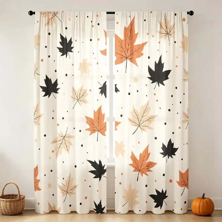 2PCS Digital Print Curtain, Black and Orange Maple Leaves, Halloween Gothic Fall Season Style for Living Room Bedroom Decor