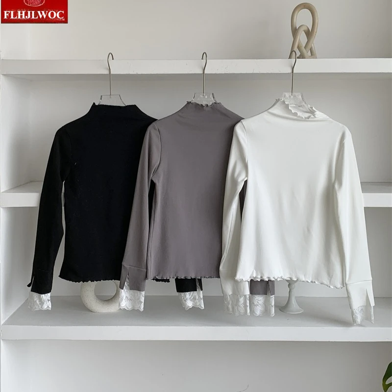 Mezza dolcevita Tees Top bianchi New Fashion Donna Manica lunga Casual Patchwork Pizzo bianco Solido Ragazze carine Corea Nozioni di base T-shirt