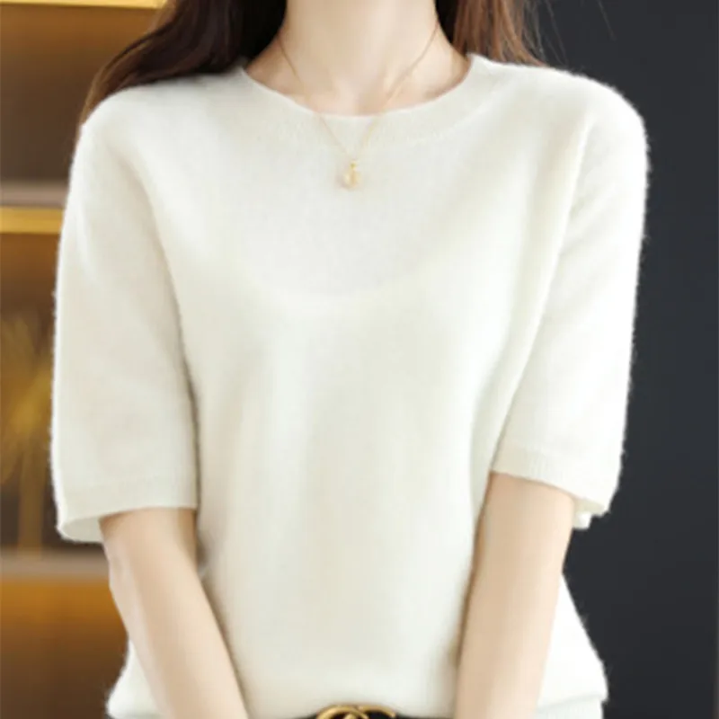 Spring and Summer New Short-sleeved Women O-neck Slim Wool Cotton Blend Pullover Vest T-shirt Knitted Base Sweater