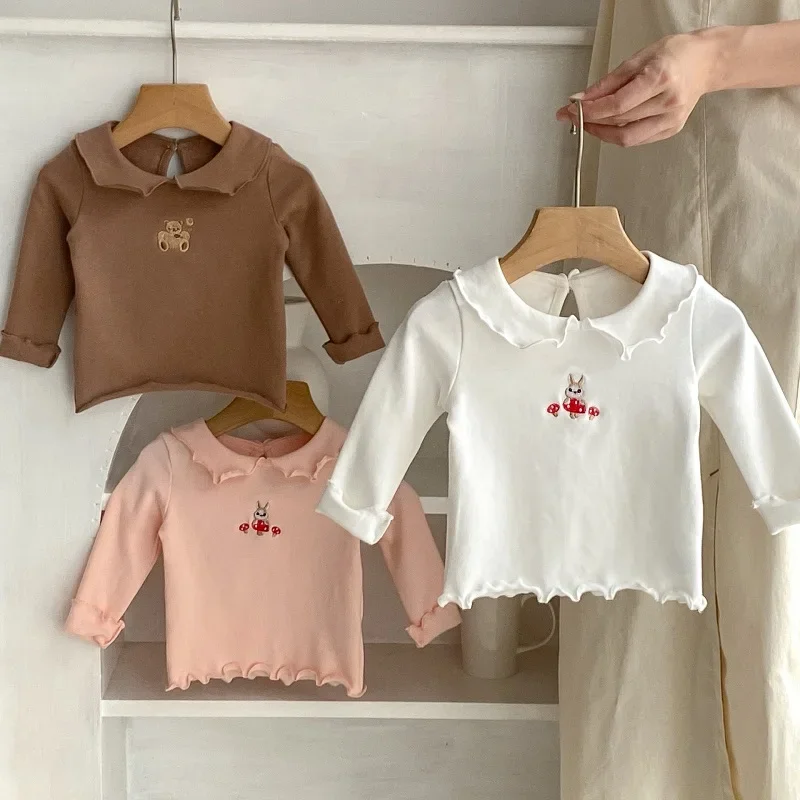 

Baby Girl T-shirt INS 2024 Autumn Newborn Kids Long Sleeve Peter Pan Collar Cartoon Rabbit Cotton Tee Tops Outfits Clothes 0-3Y