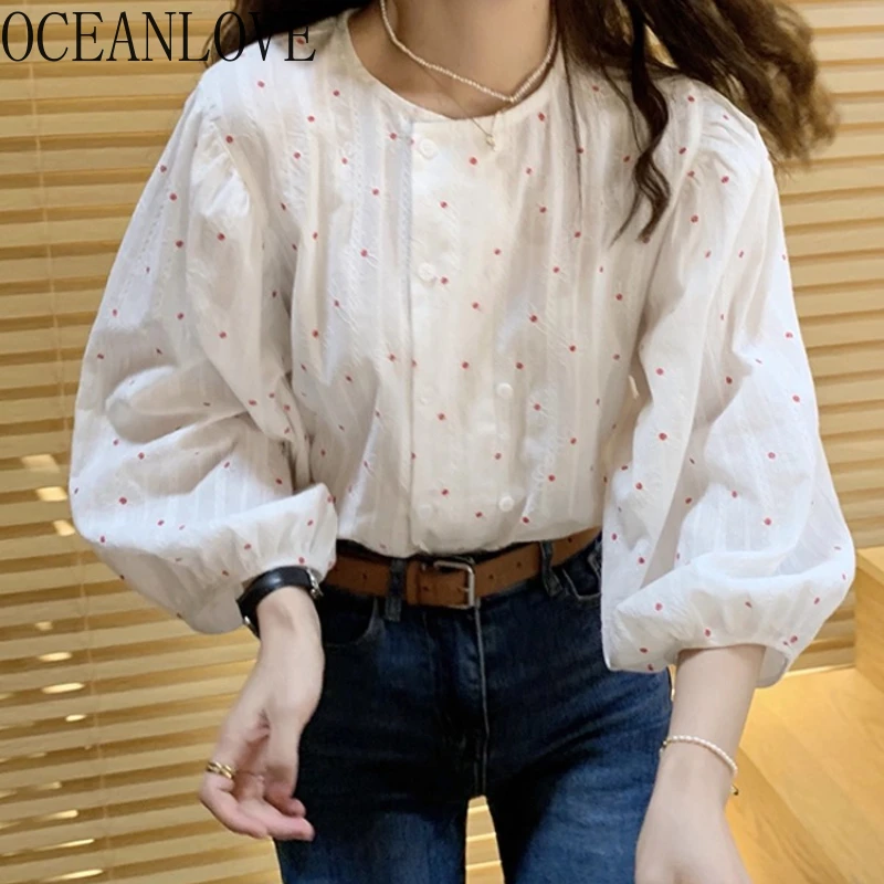 

OCEANLOVE Lantern Sleeve Shirts&blouses Women Tops Floral Spring Autumn Sweet Blusas Mujer Korean Fashion Retro Camisas