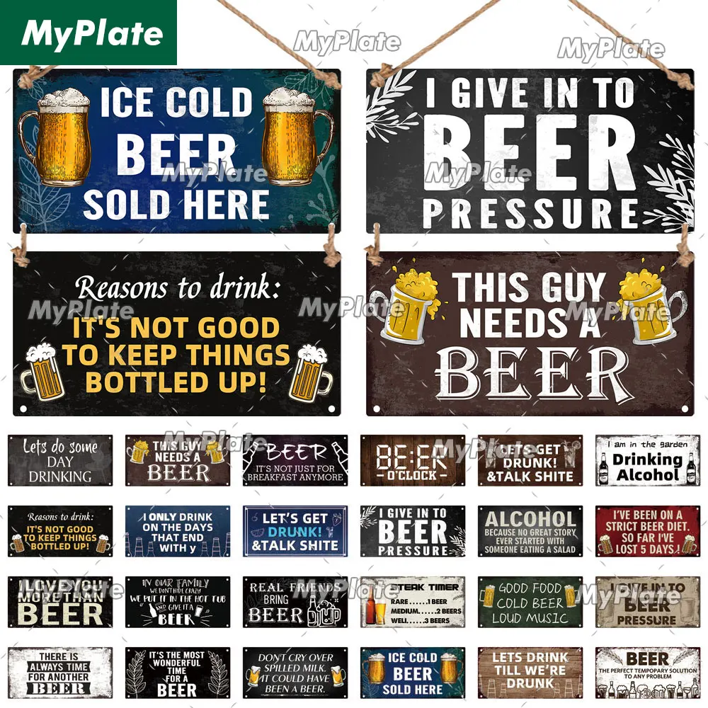 [MyPlate] Ice Cold Beer Bar Wooden Wall Plaque Sign Wood Plate Home Door Wall Deocr Decoration Man Cave Hanging Sign House Gift