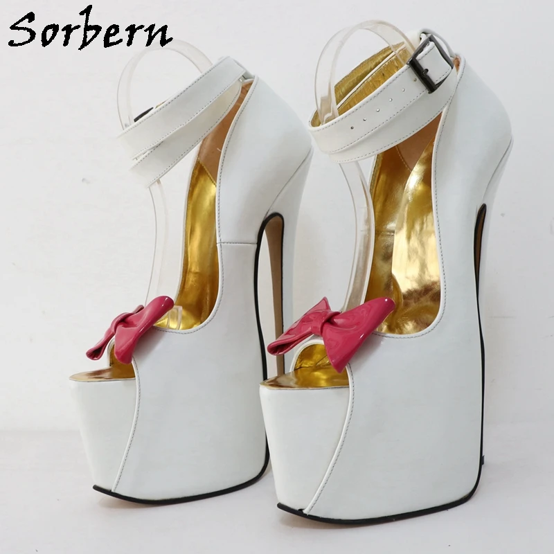 Sorbern White Real Leather Shoes Women 24Cm High Heel Double Ankle Straps With Bows Invisible Platform Open Toe Fetish Shoes