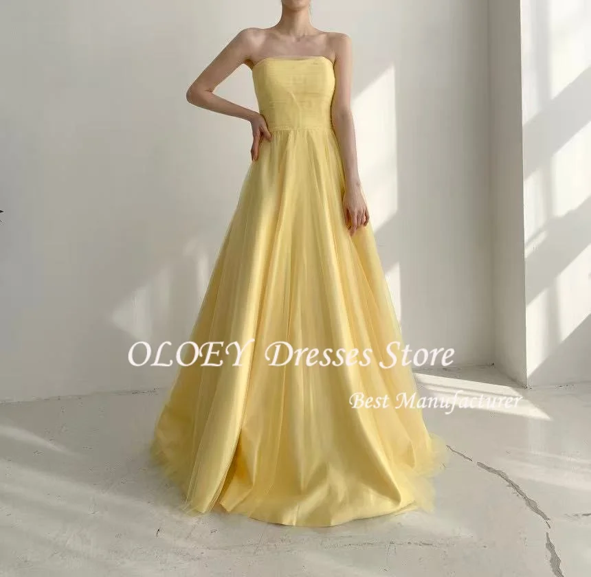 OLOEY Yellow Strapless Princess Korea Evening Dresses A Line Tulle Pleat Satin PhotoShoot Wedding Party Dress Customized 웨딩드